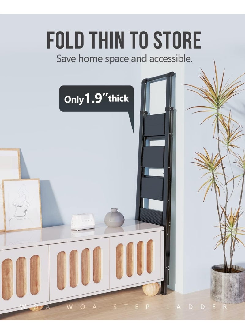 توشيونيكس سلم قابل للطي من الألومنيوم بخمس درجات مع درابزين، دواسات عريضة مانعة للانزلاق، سلم محمول خفيف الوزن، يتحمل وزنًا يصل إلى 150 كجم، مناسب للمنزل والمطبخ والمكتب والمكتبة - أسود - Image 4